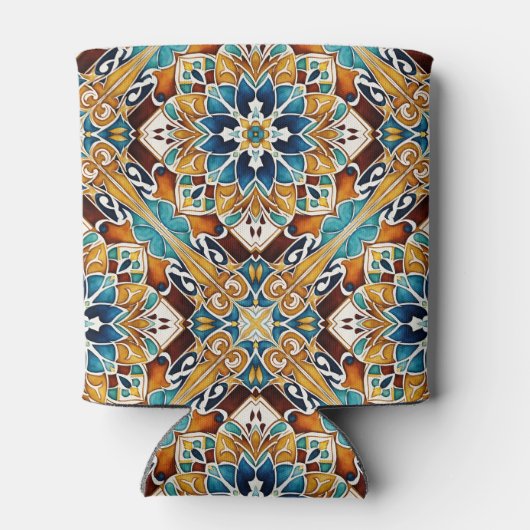 ティール（緑がかった色）茶色のタラベラの花嫁の贈り物モノグラムの 缶クーラー (裏面)