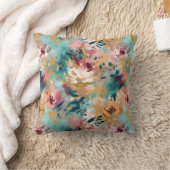 ティール(緑がかった色)茶色抽象芸術絵を描の花柄 クッション (ブランケット)