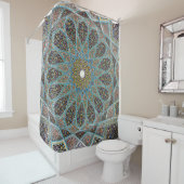 ティール（緑がかった色）、茶色、黄色のフローラの万華堂 シャワーカーテン (インサイチュ)