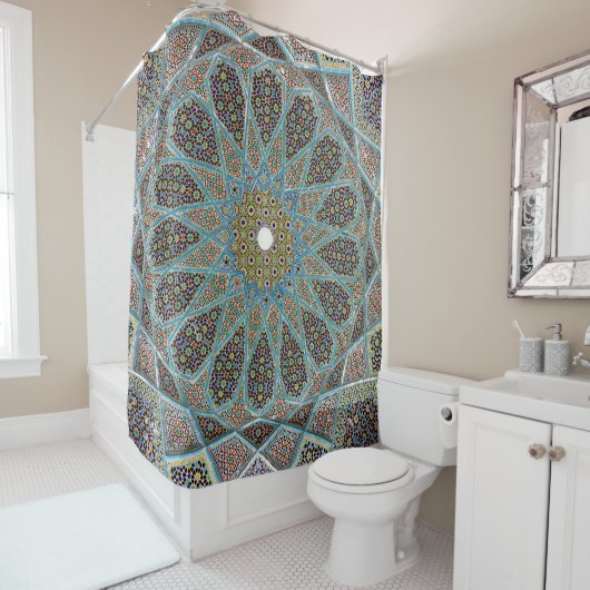 ティール（緑がかった色）、茶色、黄色のフローラの万華堂 シャワーカーテン (インサイチュ)