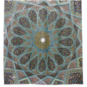 ティール（緑がかった色）、茶色、黄色のフローラの万華堂 シャワーカーテン (正面)