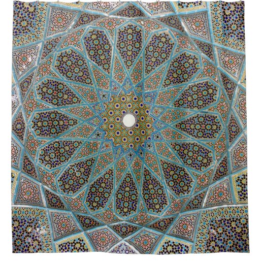 ティール（緑がかった色）、茶色、黄色のフローラの万華堂 シャワーカーテン (正面)