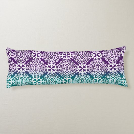 ティール(緑がかった色)華美パープルとホワイトダマスク ボディピロー (裏面)