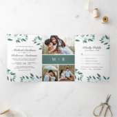 ティール(緑がかった色)葉のブランチ3 in 1 Photo Collage 結婚's 三つ折り招待状 (内部)