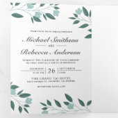 ティール(緑がかった色)葉のブランチ3 in 1 Photo Collage 結婚's 三つ折り招待状 (内部最初)