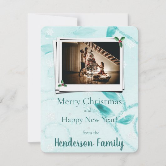 ティール(緑がかった色)葉フラットホリデーフォトカード シーズンカード (正面)