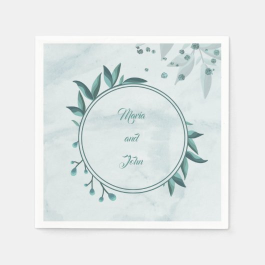 ティール（緑がかった色）葉フローラ青ナプキン スタンダードカクテルナプキン (正面)