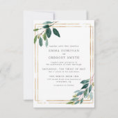 ティール（緑がかった色）葉金ゴールドフレーム植物緑結婚園 招待状 (正面)