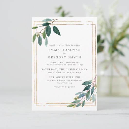 ティール（緑がかった色）葉金ゴールドフレーム植物緑結婚園 招待状 (スタンド正面)
