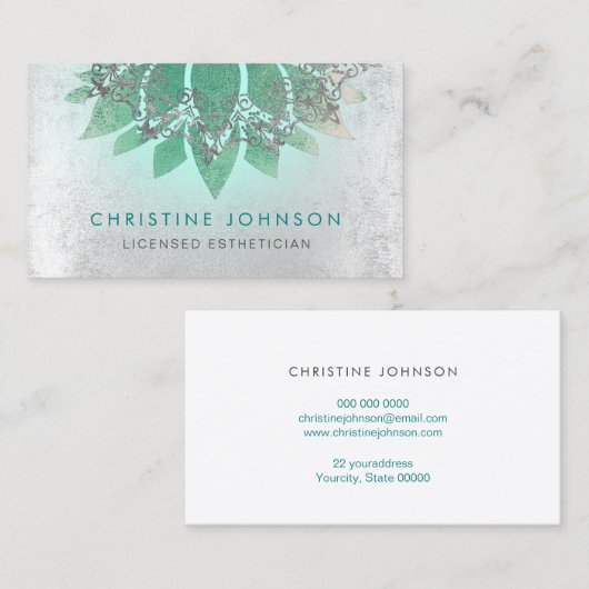 ティール（緑がかった色）蓮の花ライセンスエステティシャン 名刺 (正面/裏面)