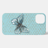 ティール（緑がかった色）蝶のチェーンリンクフェンスデザイン iPhoneケース (裏面横)
