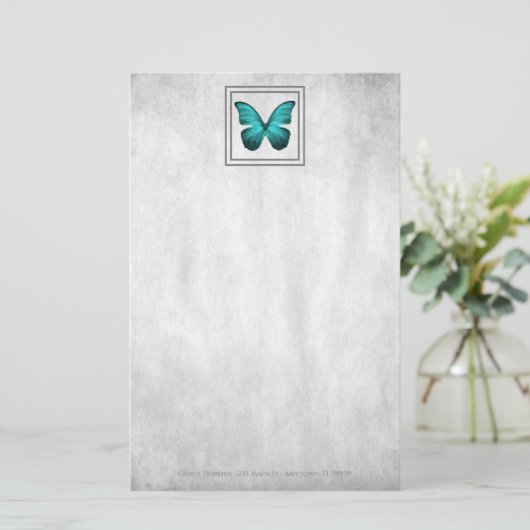 ティール(緑がかった色)蝶パーソナライズされた文具 便箋 (スタンド正面)