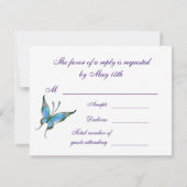 ティール（緑がかった色）蝶RSVP任意の色の背景 出欠カード (裏面)