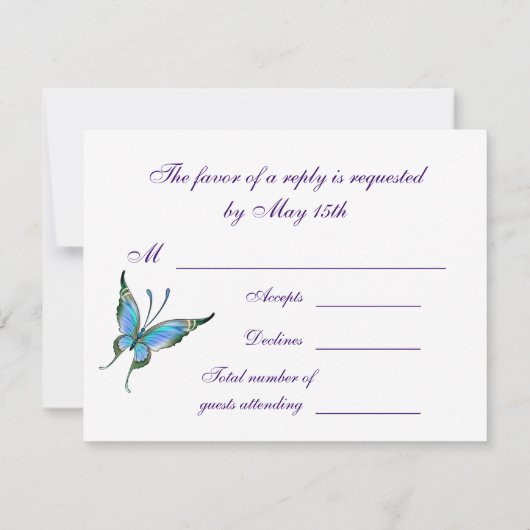 ティール（緑がかった色）蝶RSVP任意の色の背景 出欠カード (裏面)