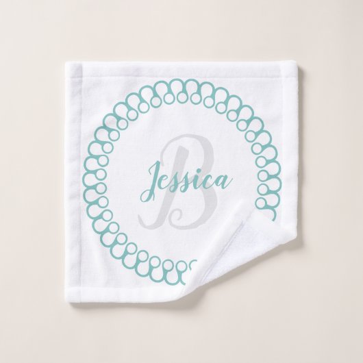 ティール(緑がかった色)装飾円モノグラムバスタオルセット バスタオルセット (ウォッシュタオル)