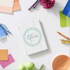 ティール（緑がかった色）装飾円モノグラム iPad MINIカバー