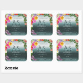 ティール(緑がかった色)製品ラベルカラフル花とイニシャル スクエアシール (シート)