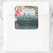 ティール(緑がかった色)製品ラベルカラフル花とイニシャル スクエアシール (バッグ)