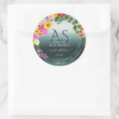 ティール(緑がかった色)製品ラベルカラフル花とイニシャル ラウンドシール (バッグ)