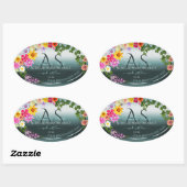 ティール(緑がかった色)製品ラベルカラフル花とイニシャル 楕円形シール (シート)