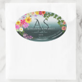 ティール(緑がかった色)製品ラベルカラフル花とイニシャル 楕円形シール (バッグ)