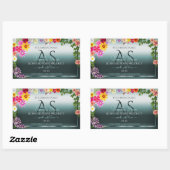 ティール(緑がかった色)製品ラベルカラフル花とイニシャル 長方形シール (シート)