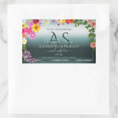 ティール(緑がかった色)製品ラベルカラフル花とイニシャル 長方形シール (バッグ)