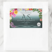 ティール（緑がかった色）製品ラベルカラフル花イニシャルロゴ 長方形シール (バッグ)