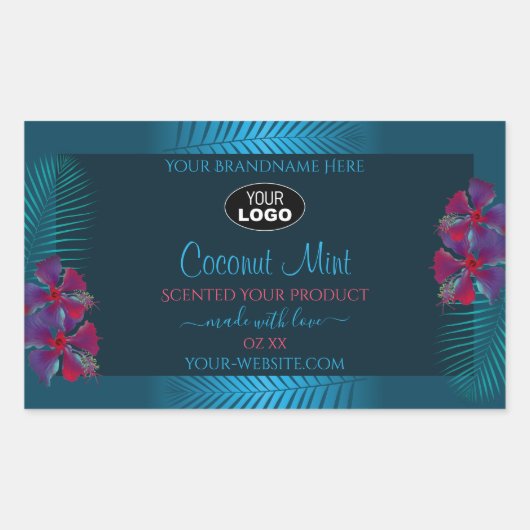ティール（緑がかった色）製品ラベル紫レッドハワイ花のロゴ 長方形シール (正面)