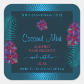 ティール（緑がかった色）製品ラベル紫色の赤いハワイアンの花 スクエアシール (正面)