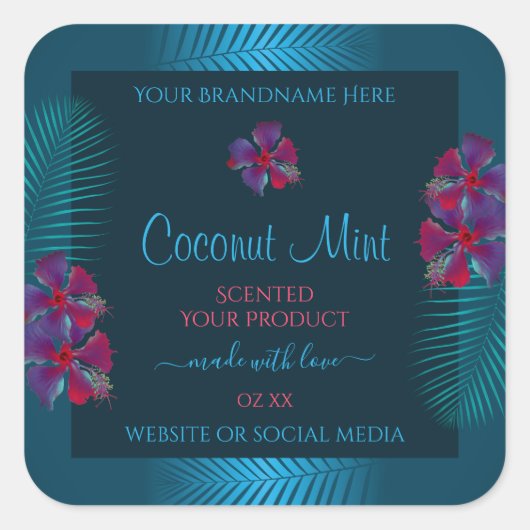 ティール（緑がかった色）製品ラベル紫色の赤いハワイアンの花 スクエアシール (正面)