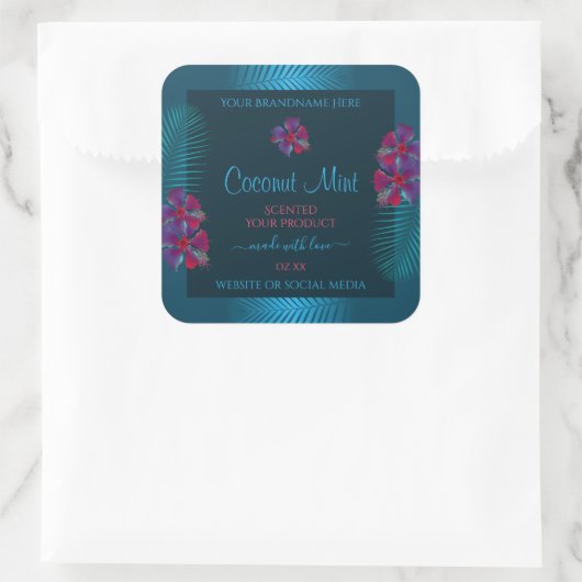 ティール(緑がかった色)製品ラベル紫色の赤いハワイアンの花 スクエアシール (バッグ)