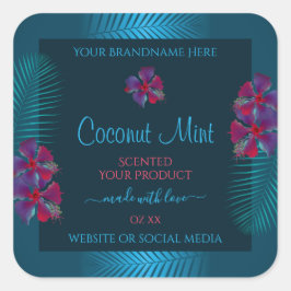 ティール（緑がかった色）製品ラベル紫色の赤いハワイアンの花 スクエアシール