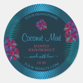 ティール（緑がかった色）製品ラベル紫色の赤いハワイアンの花 ラウンドシール