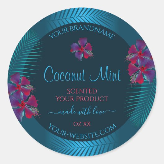 ティール（緑がかった色）製品ラベル紫色の赤いハワイアンの花 ラウンドシール (正面)