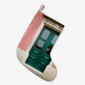 ティール（緑がかった色）製白窓枠付き木製扉 スモールクリスマスストッキング (正面 (吊り時))