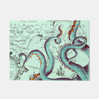 ティール(緑がかった色)触手オンティール(緑がかった色)ヴィンテージマップ ドアマット