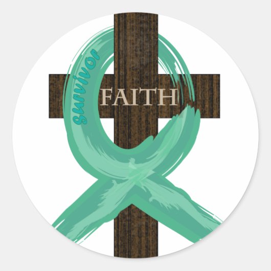 ティール（緑がかった色）認識度リボンを交差 ラウンドシール (正面)