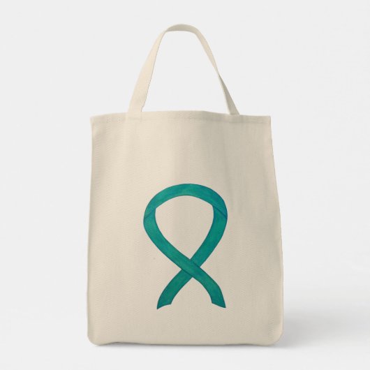 ティール(緑がかった色)認識度リボンカスタムアートトートバッグ トートバッグ (裏面)
