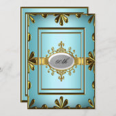 ティール(緑がかった色)誕生日パーティー招待ティール(緑がかった色)金ゴールド 招待状 (正面/裏面)