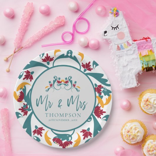 ティール（緑がかった色）赤い装飾ミセス・ネーム・ウェディングパーティー ペーパープレート (パーティー)