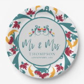 ティール（緑がかった色）赤い装飾ミセス・ネーム・ウェディングパーティー ペーパープレート (正面)