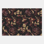 ティール(緑がかった色)赤と紫と金ゴールドグリッターバラパターン ラッピングペーパーシート (正面3)