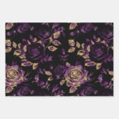 ティール(緑がかった色)赤と紫と金ゴールドグリッターバラパターン ラッピングペーパーシート (正面2)