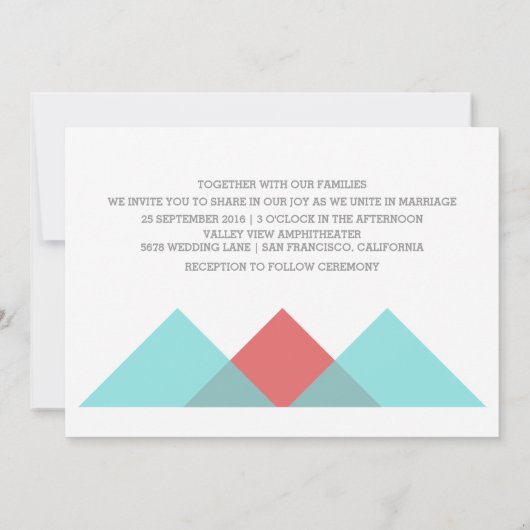 ティール（緑がかった色）赤色の幾何学的三つの結婚招待 招待状 (裏面)