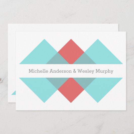 ティール（緑がかった色）赤色の幾何学的三つの結婚招待 招待状 (正面/裏面)