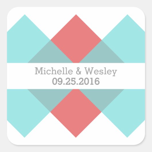 ティール（緑がかった色）赤色の幾何座標系結婚式用シール スクエアシール (正面)