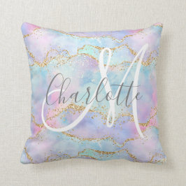 ティール（緑がかった色）赤面ピンク金ゴールドグリッターアゲートモノグラム  クッション