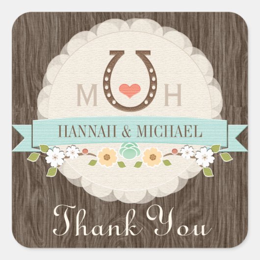 ティール(緑がかった色)蹄鉄ハートウェスタン結婚ズ・サンキュー スクエアシール (正面)