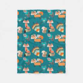 ティール（緑がかった色）部族キツネパターン フリースブランケット